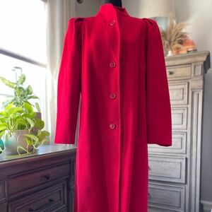 Vintage Red Wool Coat, Ankle-Length with Puff Sleeves